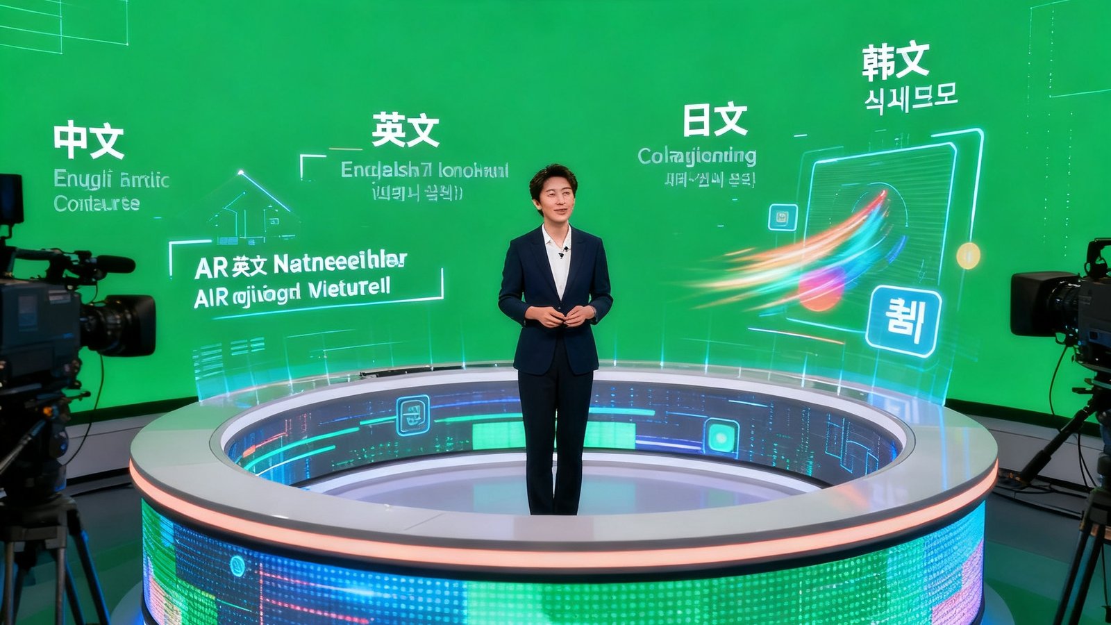 多语种数字演播厅内景，虚拟绿幕背景上叠加着中英日韩四种语言的实时字幕和AR图形元素，主持人站在环形LED屏幕前进行多语种节目录制
