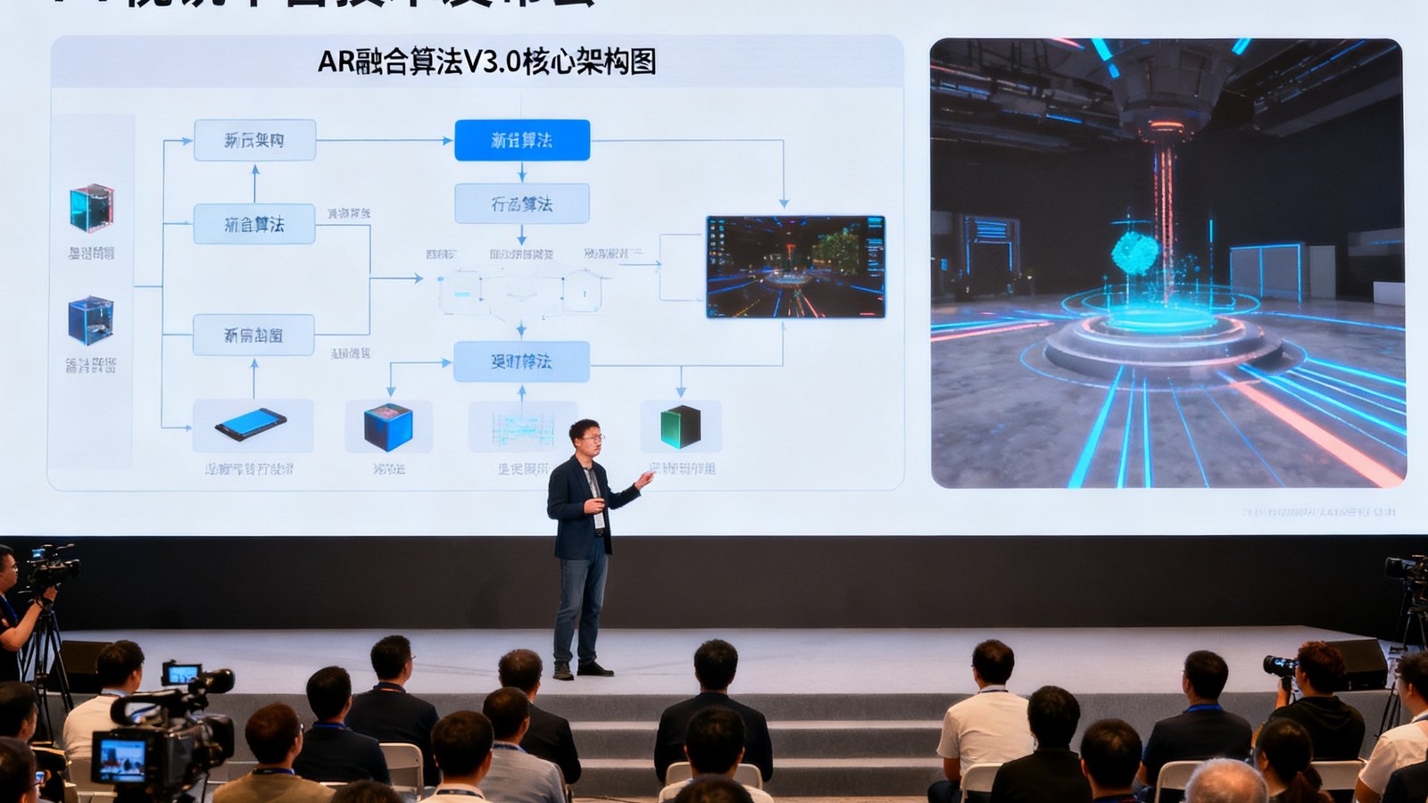PT视讯平台技术发布会上，大屏幕展示AR融合算法V3.0的核心架构图，台下坐满了行业专家和媒体记者，主讲人正在演示新算法的实时渲染效果