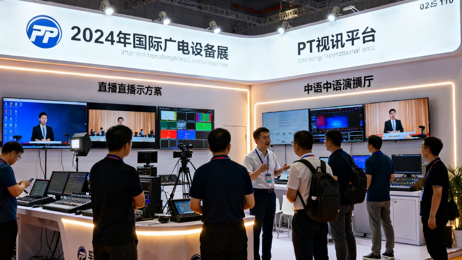 2024年国际广电设备展上PT视讯平台的展台全景，展台上摆放着直播设备和演示屏幕，参观者络绎不绝，工作人员正在向客户介绍多语种演播厅方案